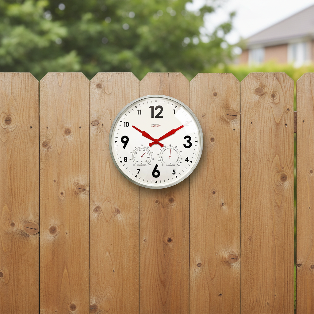 Factory XL Zinc Outdoor Clock mounted on wooden fence with red hands and Dutch Design Functional Design style