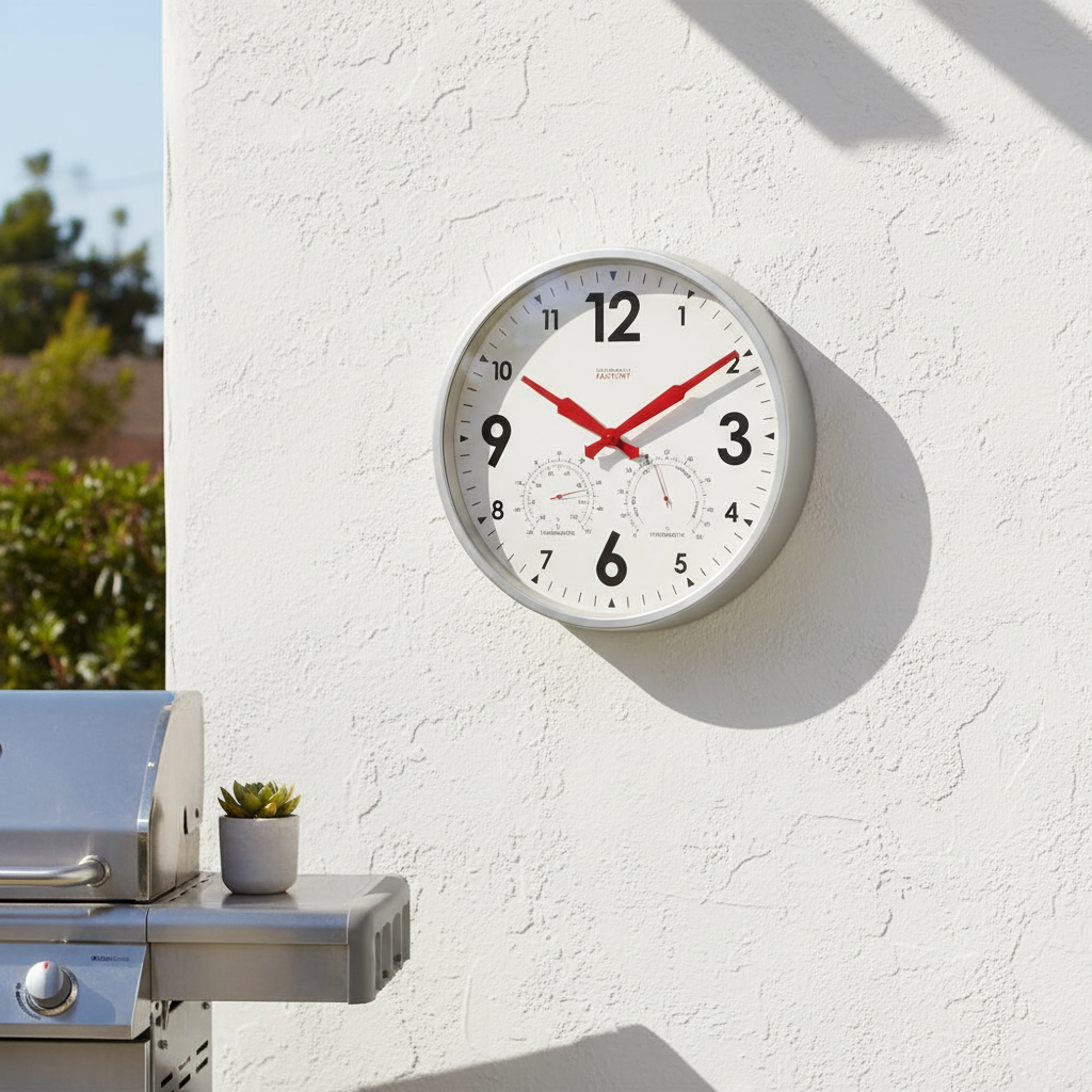 Factory XL Zinc Outdoor Clock on textured white wall with minimalist red hands, Dutch Design, Functional Design, modern outdoor clock