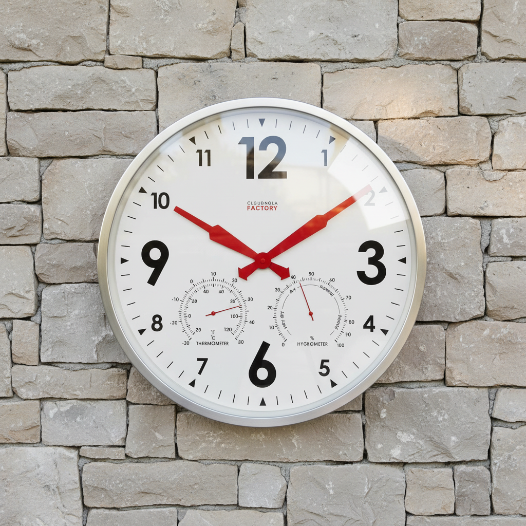 Factory XL Zinc Outdoor Clock with Dutch Design, functional design, large wall clock with thermometer and hygrometer on stone wall