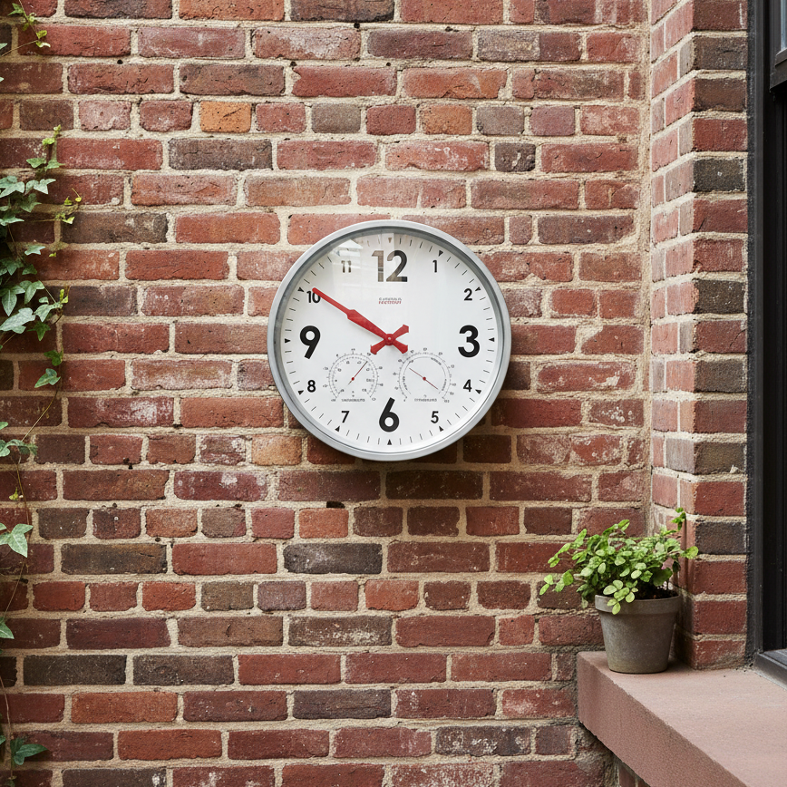 Factory Zinc Outdoor Clock mounted on brick wall with thermometer and hygrometer, Dutch Design, Functional Design.
