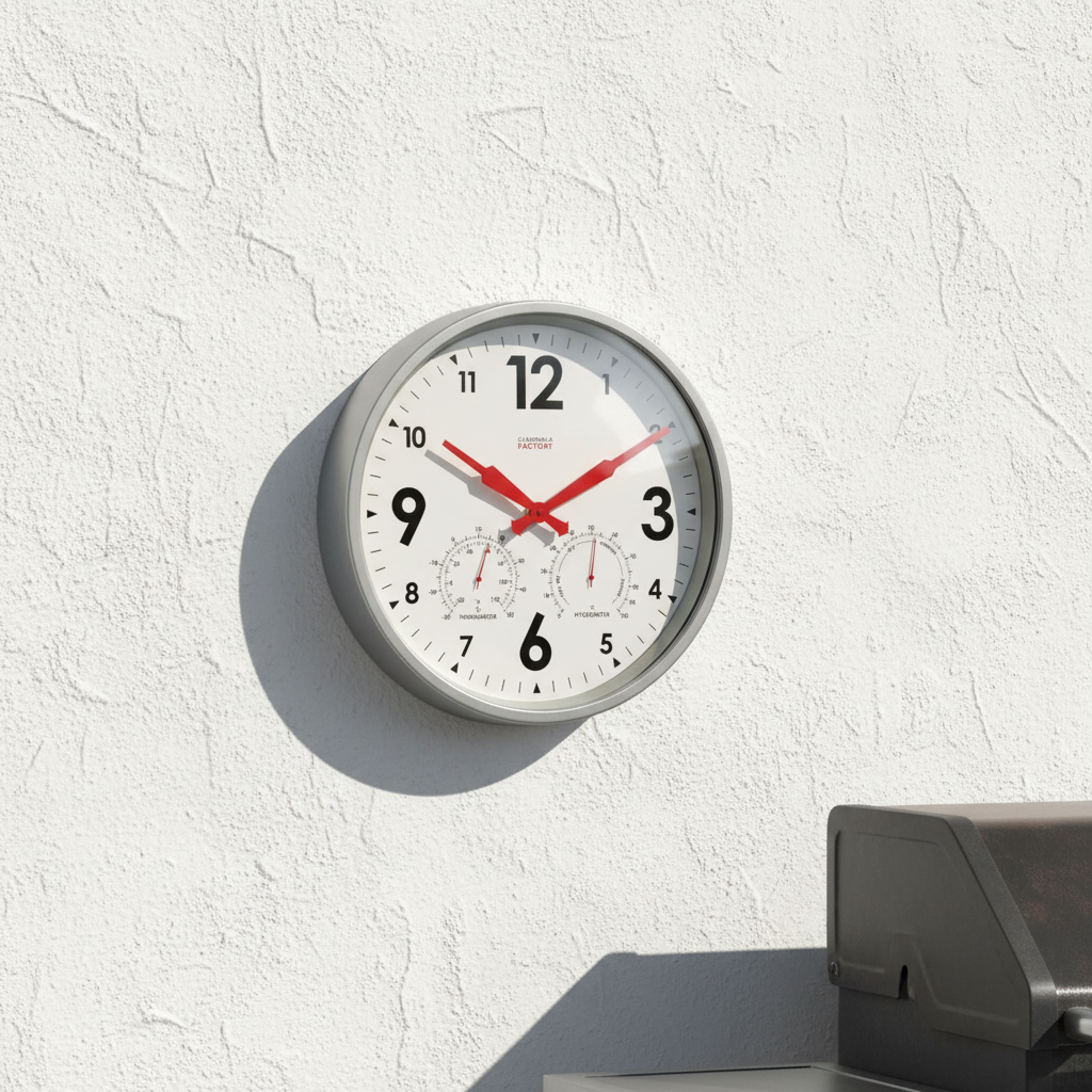 Wall clock with temperature and humidity indicators on a white wall.