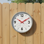 Factory Zinc Outdoor Clock mounted on wooden fence with thermometer and hygrometer, Dutch Design, functional design, modern outdoor clock