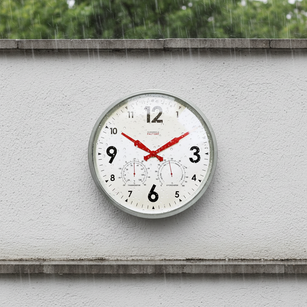 Factory Zinc Outdoor Clock in rain on wall with red hands, featuring Dutch Design and Functional Design elements