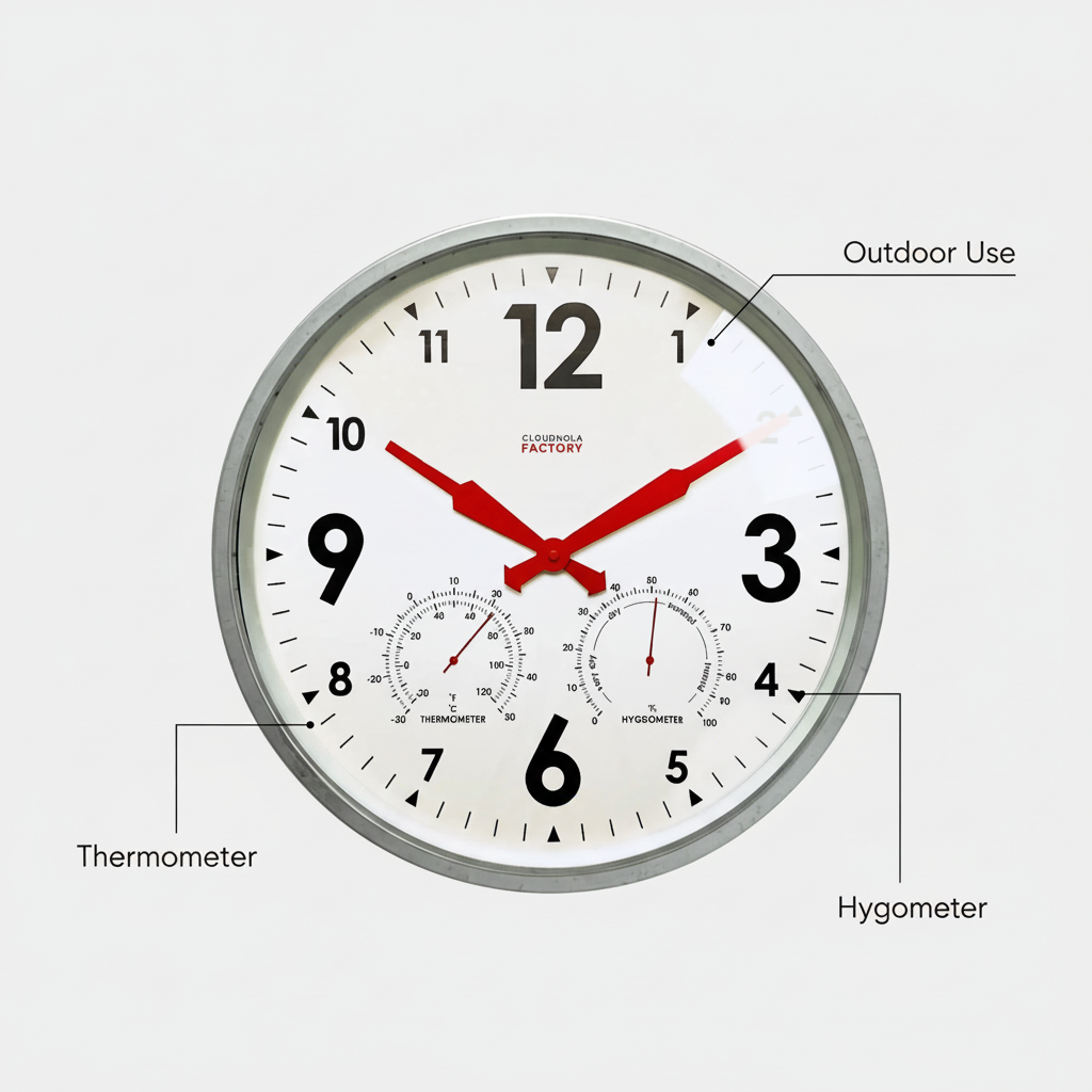 Factory Zinc Outdoor Clock with thermometer and hygrometer, minimalist modern outdoor clocks in Dutch Design, Functional Design style