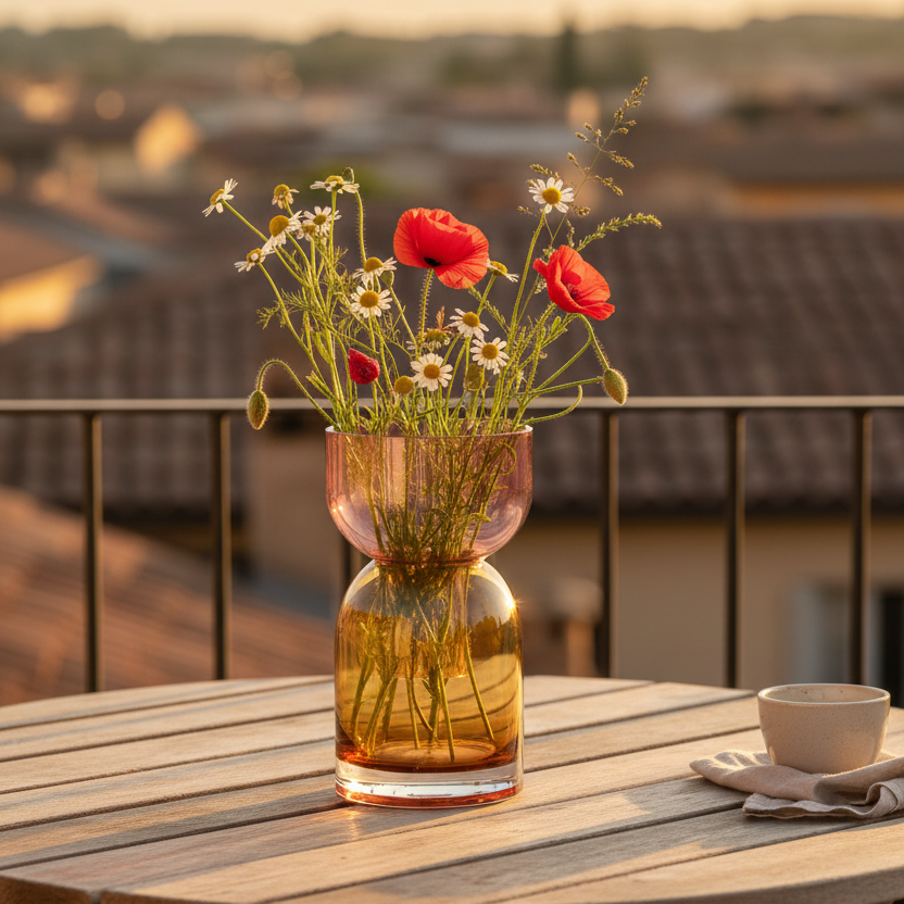 A clear glass vase with a pink upper chamber and amber lower chamber, filled with wildflowers including red poppies and white daisies, set on a wooden table outdoors with a blurred rooftop background at sunset.