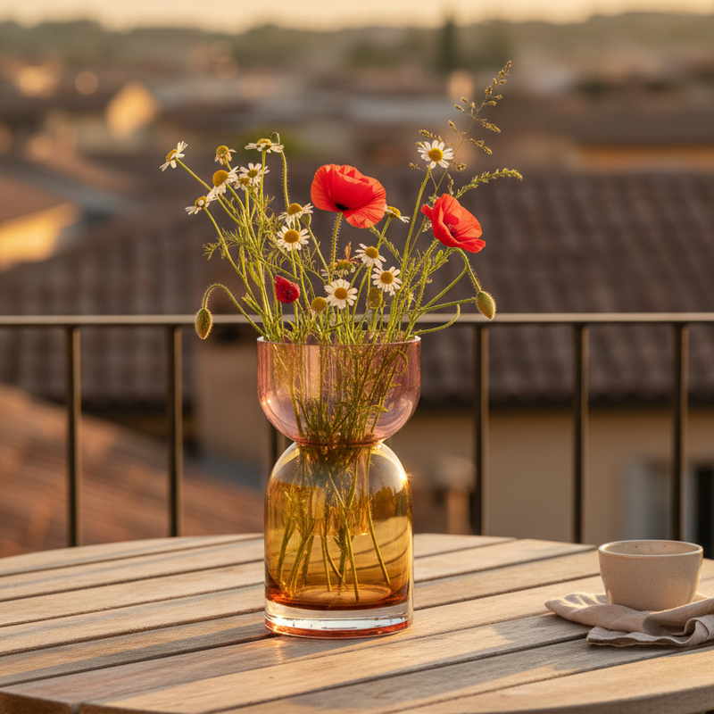 Flip vase with wildflowers outdoors at golden hour