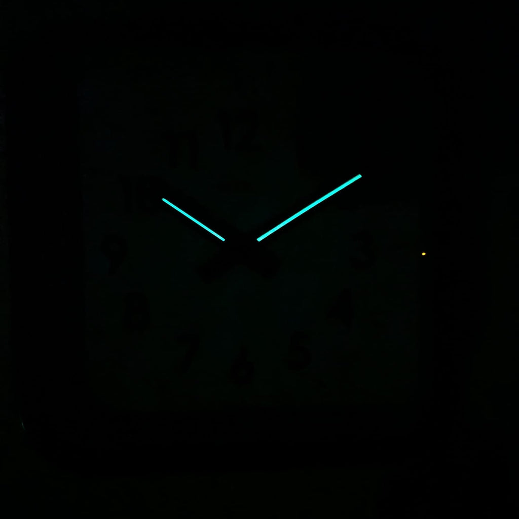 Big Railway Black Square Kitchen Wall Clock glowing hands in dark showcasing Dutch Design and Functional Design elements.