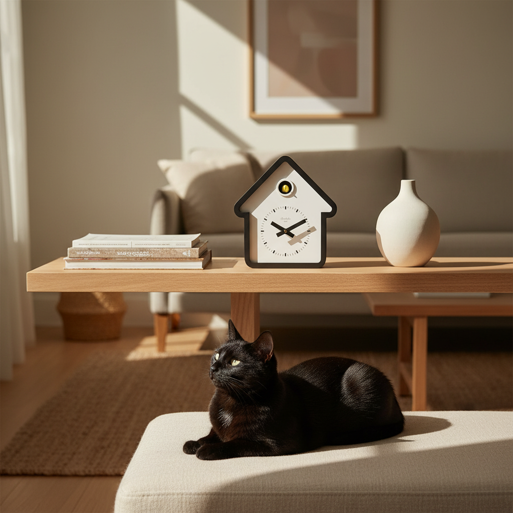 Minimalist living room with a black cat and Preorder - House White Cuckoo Clock showcasing Dutch Design and Functional Design.