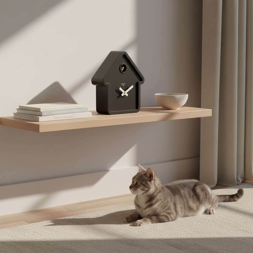MoMA House Black Cuckoo Clock on shelf in minimalist room with cat, showcasing Dutch Design and Functional Design style.