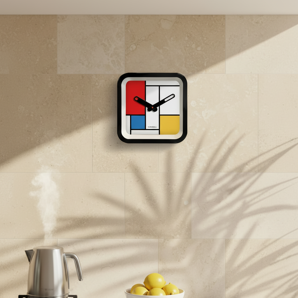 Mondrian Square Kitchen Wall Clock with Dutch design, modern color blocks, and functional design in a minimalist kitchen setting.