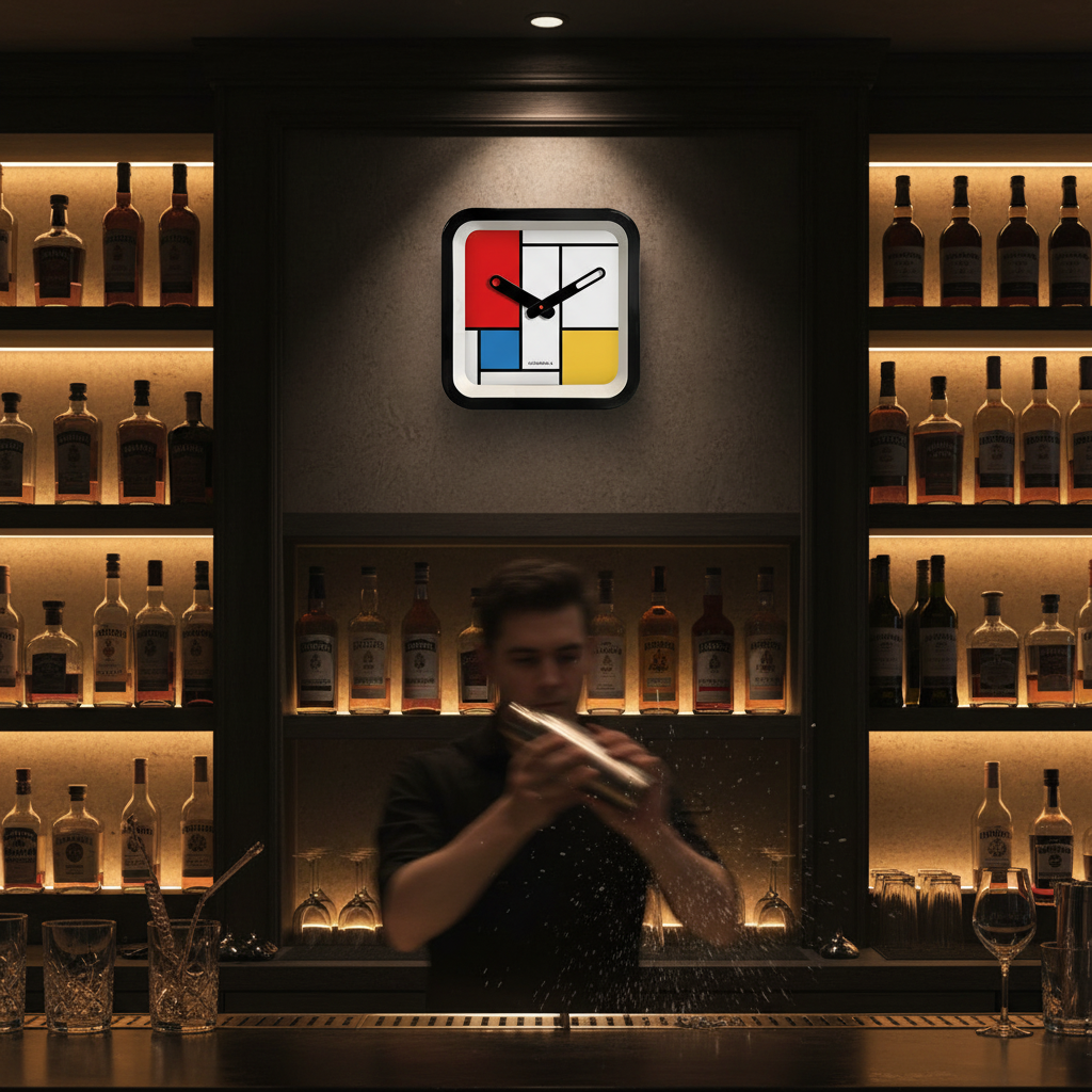 Mondrian Square Kitchen Wall Clock with Dutch Design and Functional Design in a stylish bar setting with warm lighting.