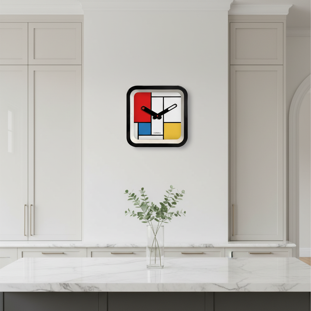 Mondrian Square Kitchen Wall Clock with bold red, yellow, blue blocks and black frame in minimalist modern kitchen, Dutch Design, Functional Design.