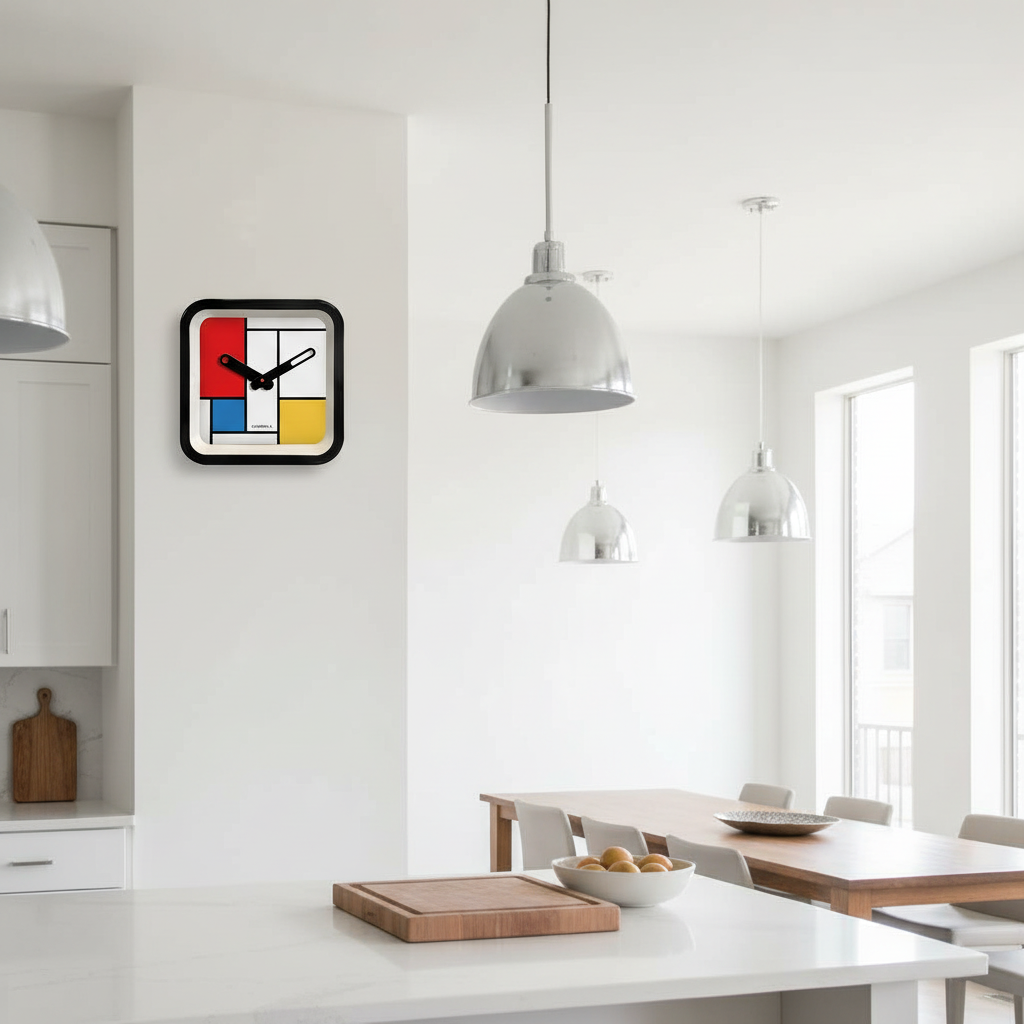 Mondrian Square Kitchen Wall Clock with Dutch Design in a bright modern kitchen featuring functional design and primary colors.
