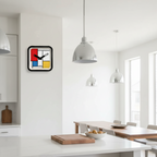 Mondrian Square Kitchen Wall Clock with Dutch Design in a bright modern kitchen featuring functional design and primary colors.