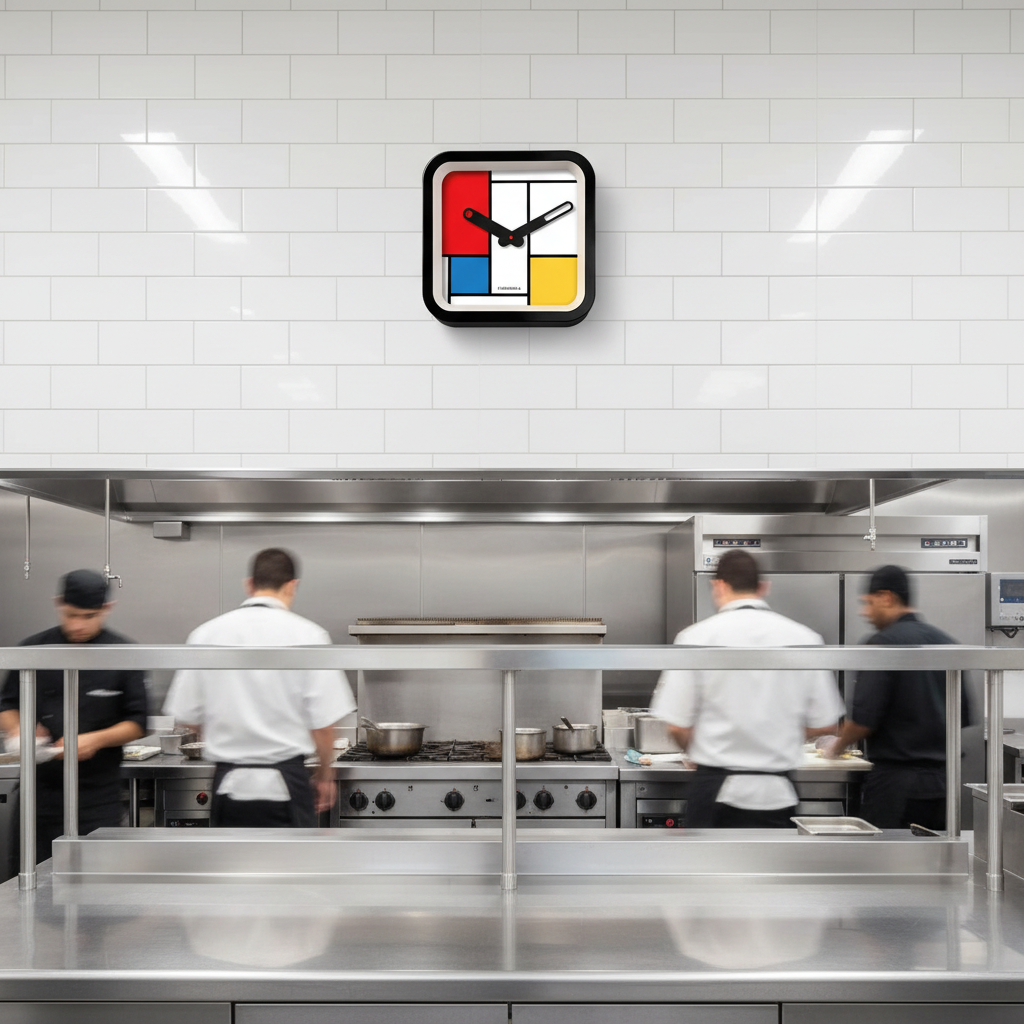 Mondrian Square Kitchen Wall Clock with Dutch Design and Functional Design in a busy modern kitchen setting
