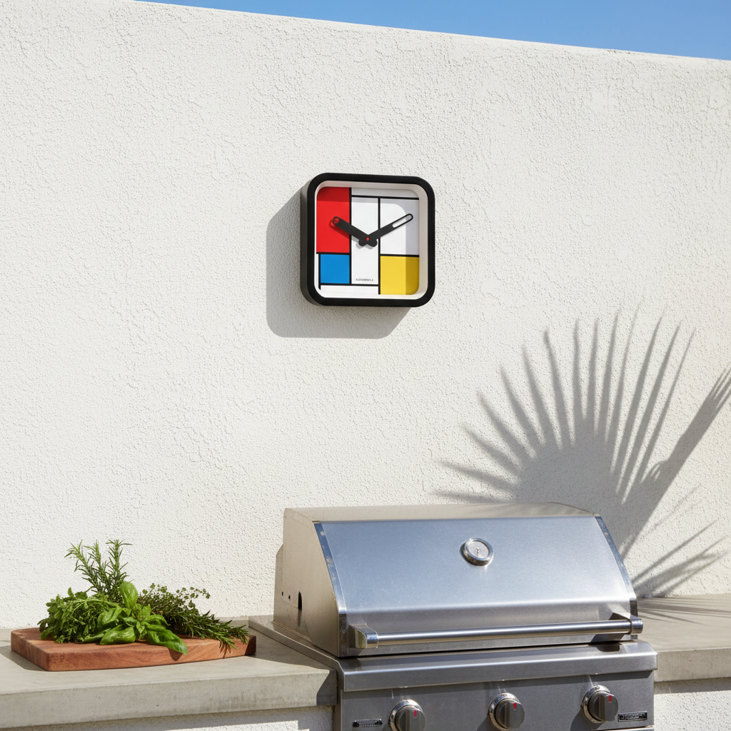 Mondrian Square Kitchen Wall Clock in Dutch Design style with colorful modern clock face on white outdoor wall functional design