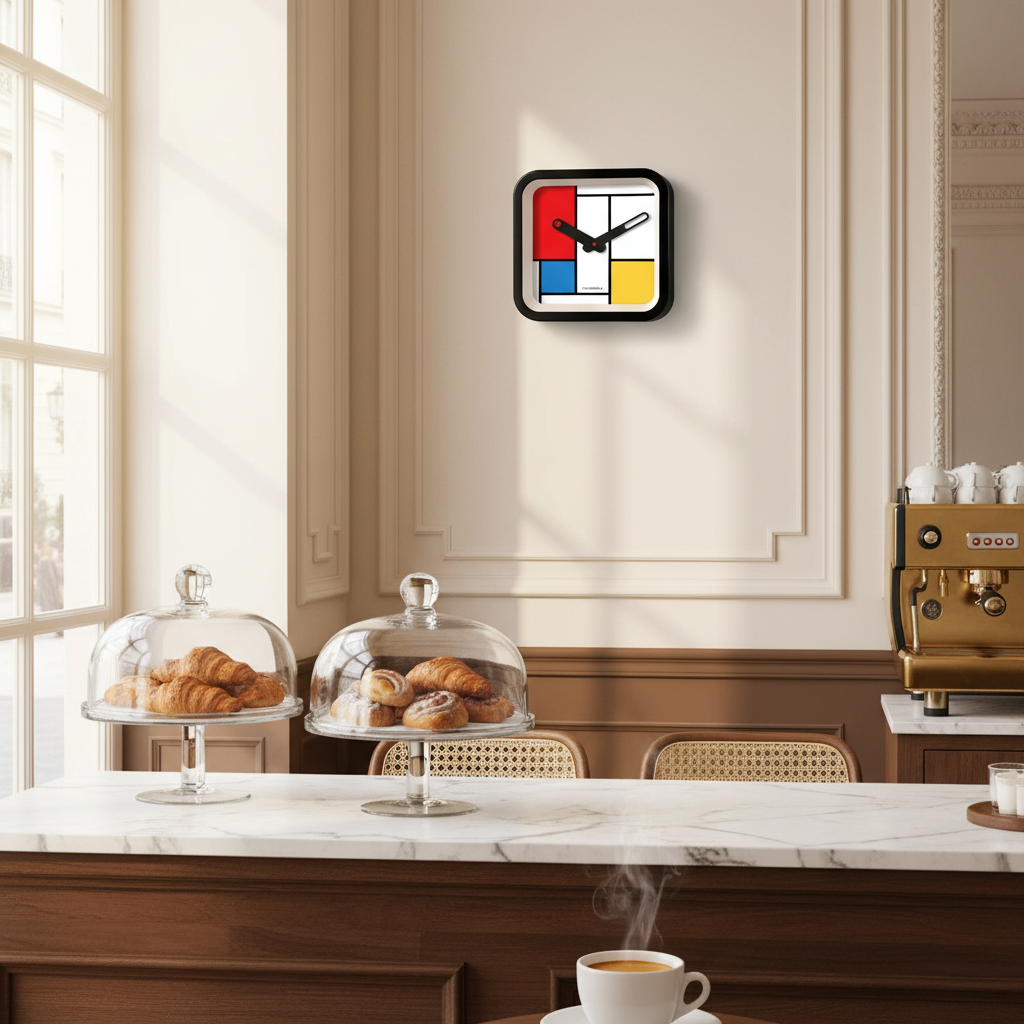 Mondrian Square Kitchen Wall Clock in Dutch Design with functional design, minimalist modern kitchen clock on white wall