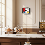 Mondrian Square Kitchen Wall Clock in Dutch Design with functional design, minimalist modern kitchen clock on white wall