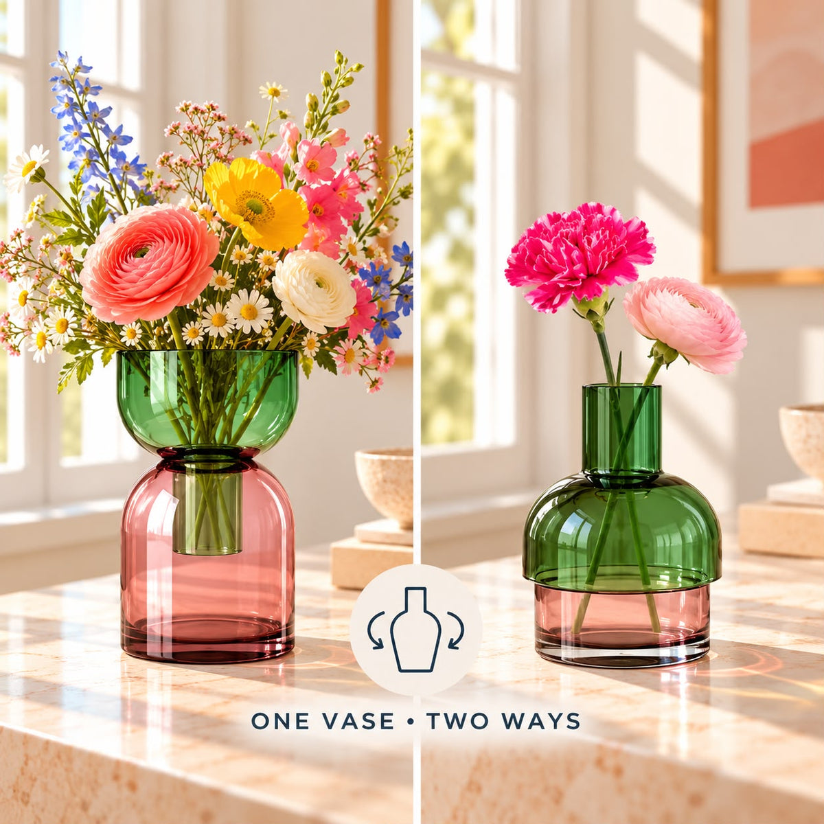 Flip Reversible Glass Vase – Pink & Green