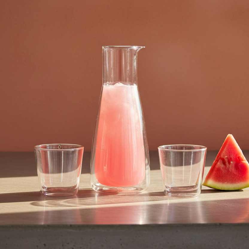 Clear carafe with pink liquid, two glasses, and a watermelon slice on a metallic surface with a brown background.