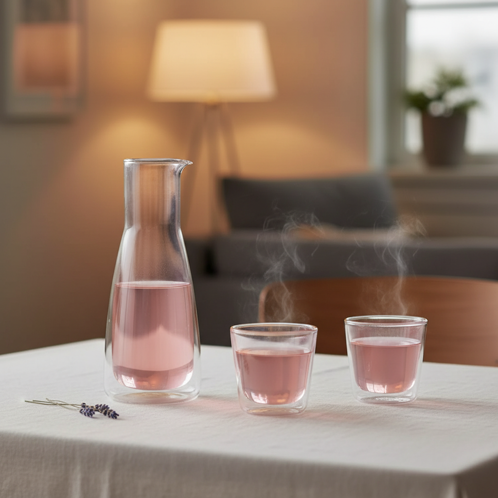 Double-Walled Glass Carafe – Pink – 1 L / 34 fl oz (Pitcher) with 2 Cups
