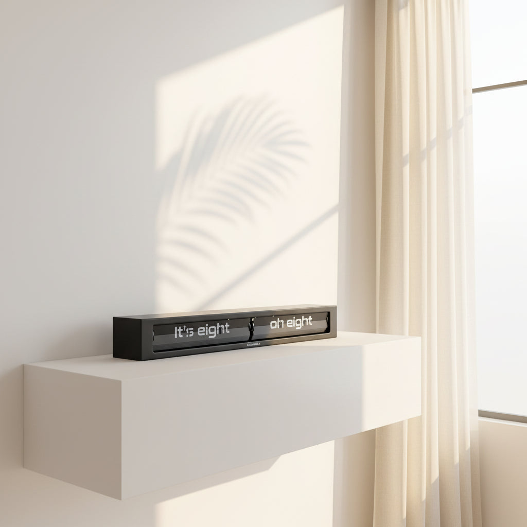 Preorder - Texttime 2.0 BonB Text Flip Clock in black with minimalist design on white floating shelf Dutch Design Functional Design