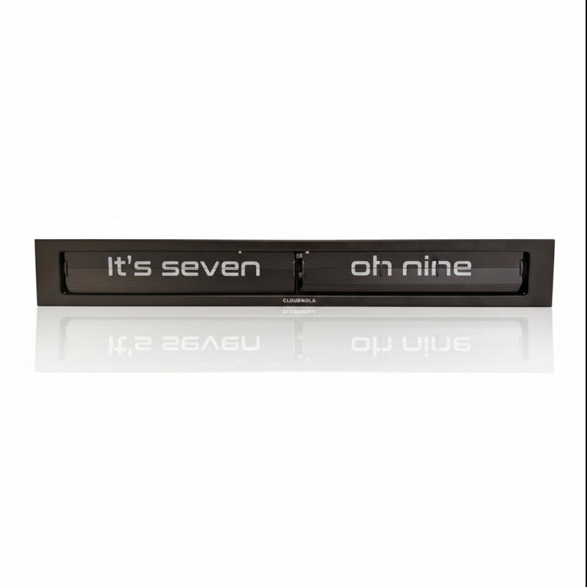 Preorder - Texttime 2.0 BonB Text Flip Clock in black with Dutch Design and Functional Design minimalist style displayed at seven oh nine.