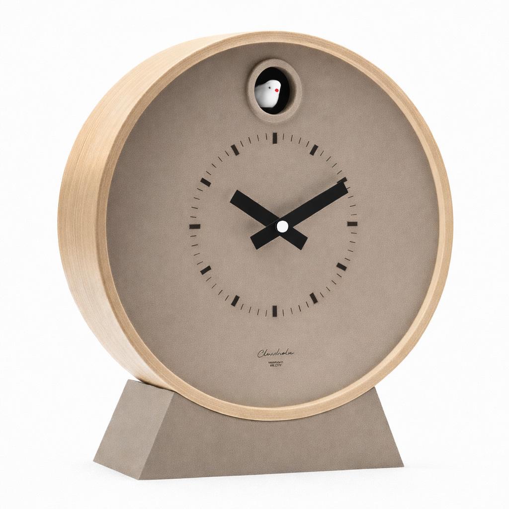Preorder - Dot Taupe Cuckoo Clock with minimalist taupe face, wooden frame, and small white bird, Dutch Design, Functional Design.