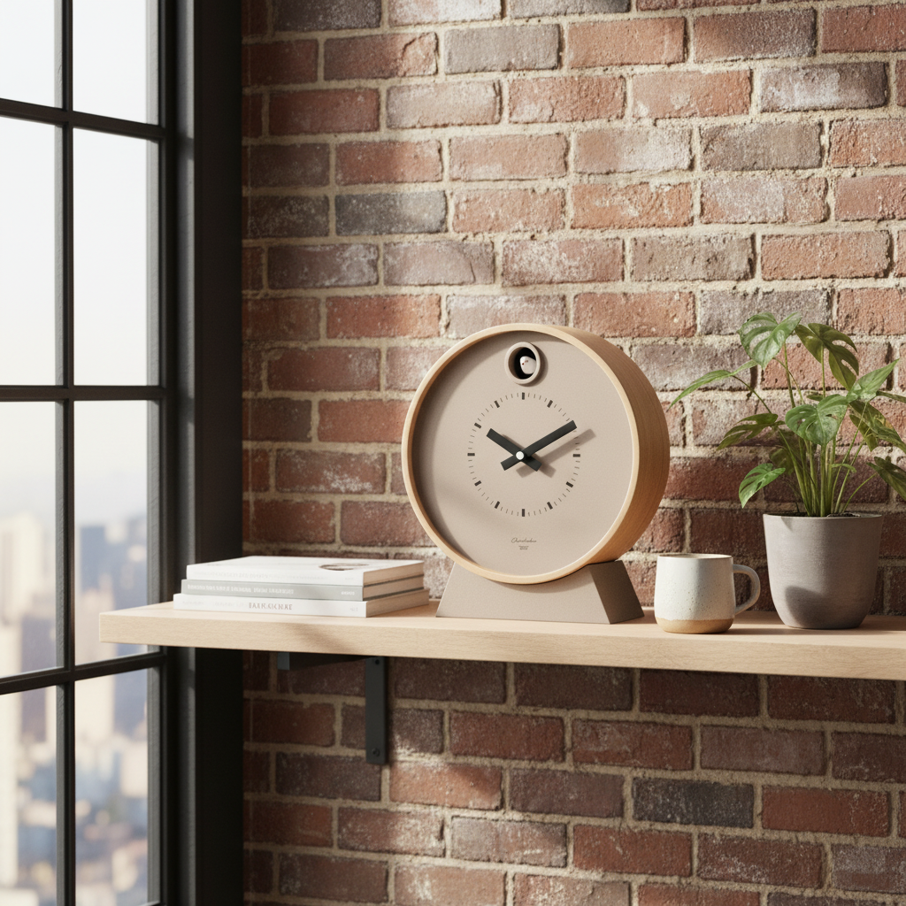 Wooden clock on a shelf against a brick wall with books and a plant.