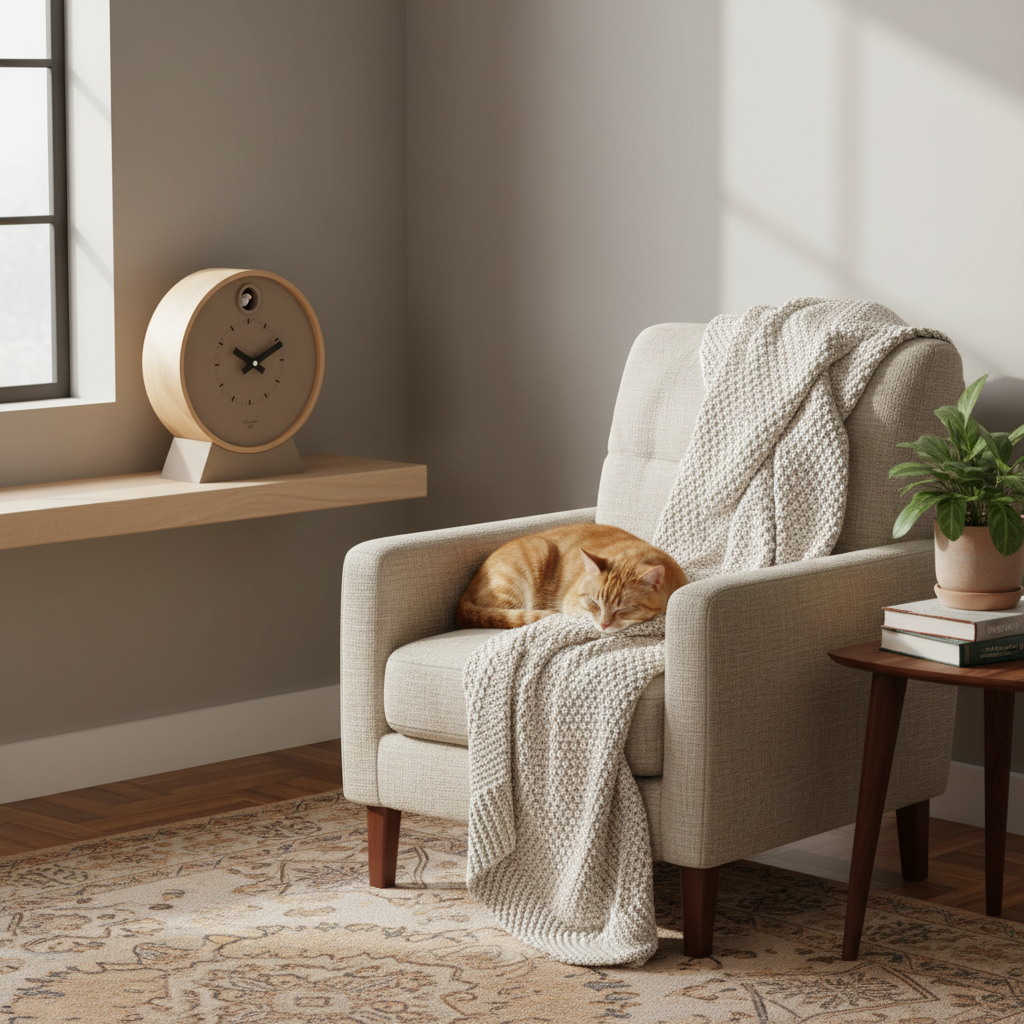 Preorder - Dot Taupe Cuckoo Clock on a shelf in a cozy living room with a cat sleeping on a beige armchair, Dutch Design. Functional Design.