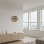 Preorder - Dot Taupe Cuckoo Clock mounted in minimalist living room with natural light and modern wooden sideboard Dutch Design Functional Design