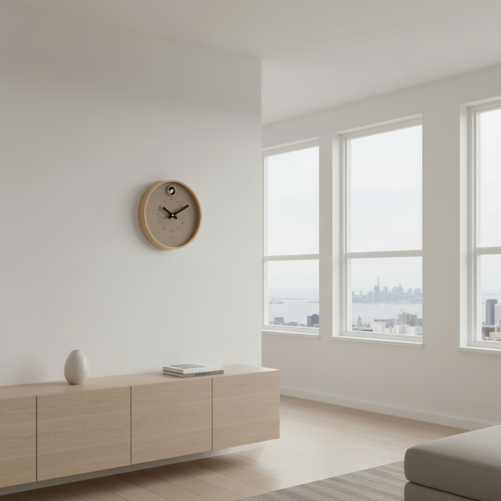 Preorder - Dot Taupe Cuckoo Clock mounted in minimalist living room with natural light and modern wooden sideboard Dutch Design Functional Design