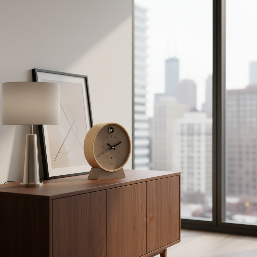Modern interior with a wooden sideboard, lamp, and clock against a cityscape.