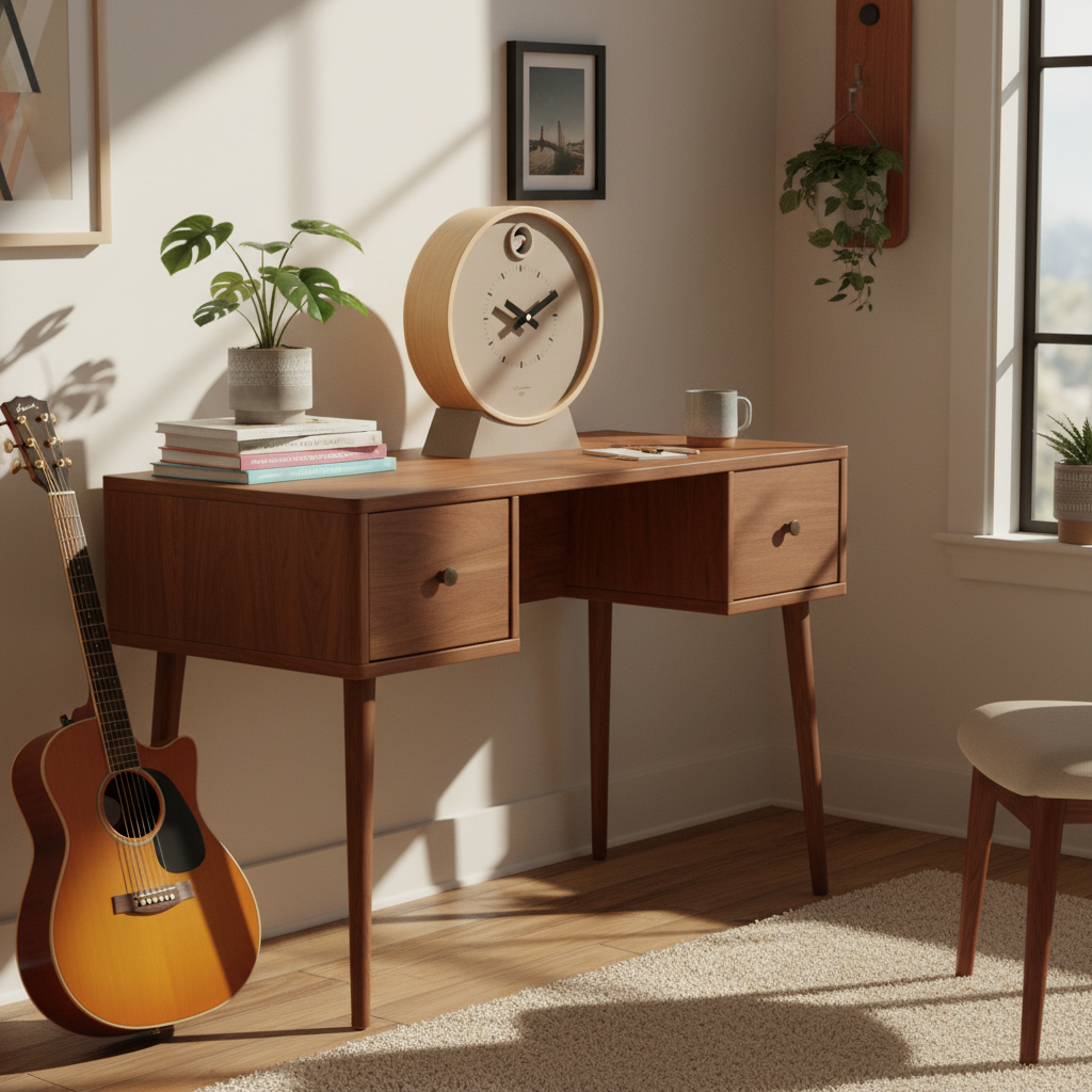 Preorder - Dot Taupe Cuckoo Clock on wooden desk in sunlit room with guitar and minimalist home decor, Dutch Design, Functional Design.