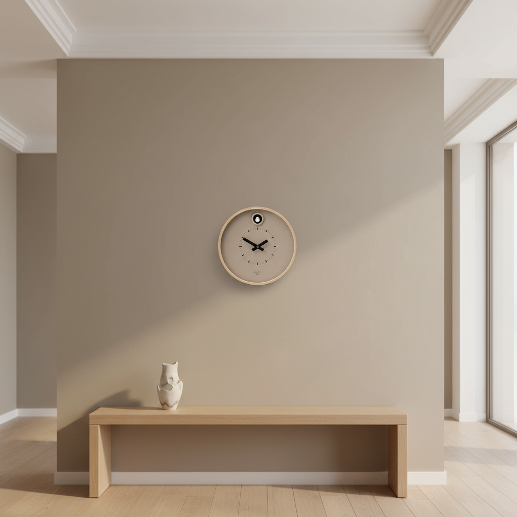 Preorder - Dot Taupe Cuckoo Clock on taupe wall above wooden bench with minimalist owl sculpture, Dutch Design, Functional Design.