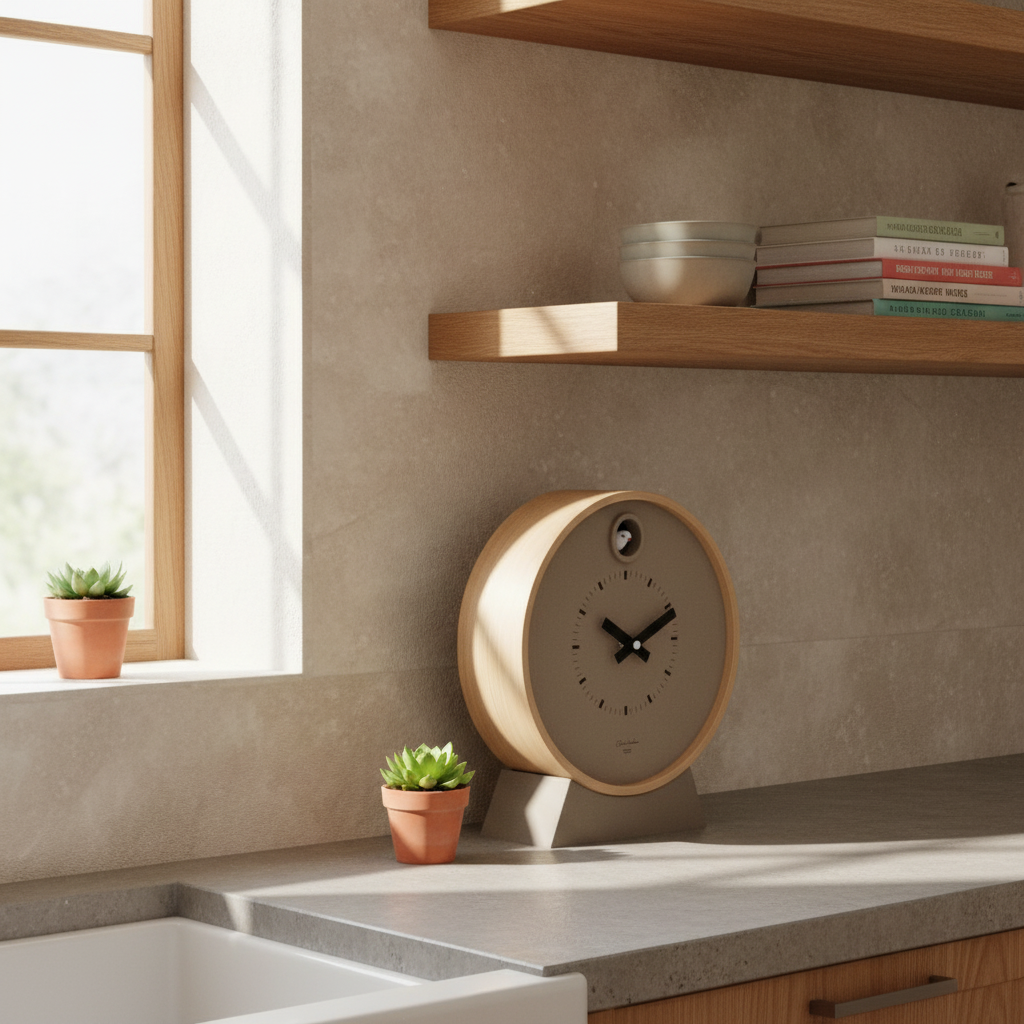 Preorder - Dot Taupe Cuckoo Clock on kitchen counter with potted plants, minimalist home decor, Dutch Design, functional design.