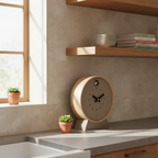 Preorder - Dot Taupe Cuckoo Clock on kitchen counter with potted plants, minimalist home decor, Dutch Design, functional design.