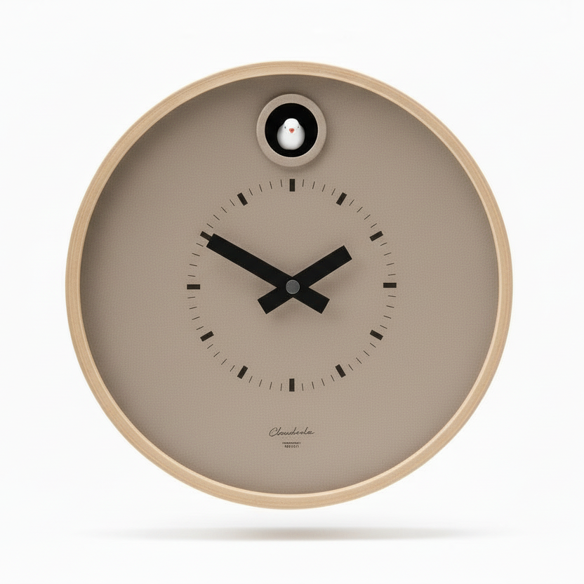 Preorder - Dot Taupe Cuckoo Clock with minimalist taupe face, black hands, wooden frame, and small white cuckoo bird, Dutch Design.
