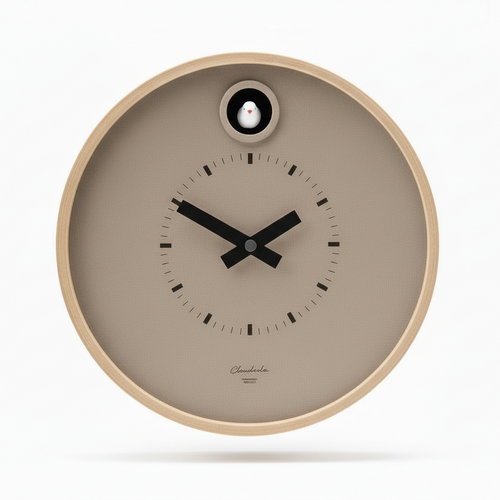 Preorder - Dot Taupe Cuckoo Clock with minimalist taupe face, black hands, wooden frame, and small white cuckoo bird, Dutch Design.