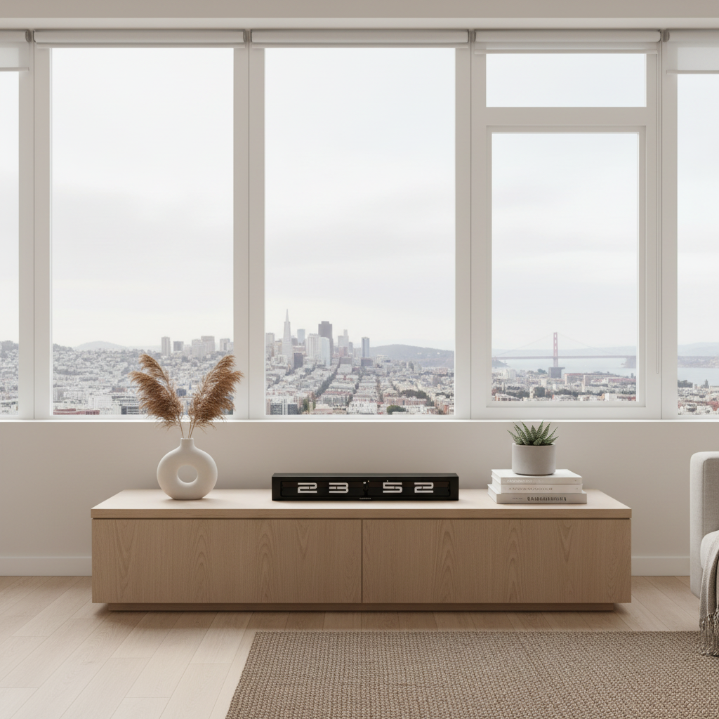 Timeline Military Time Flip Clock on modern wooden console with Dutch Design and Functional Design in minimalist room.