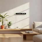 Timeline Military Time Flip Clock on wall in minimalist living room with wooden furniture and plants, Dutch Design, Functional Design