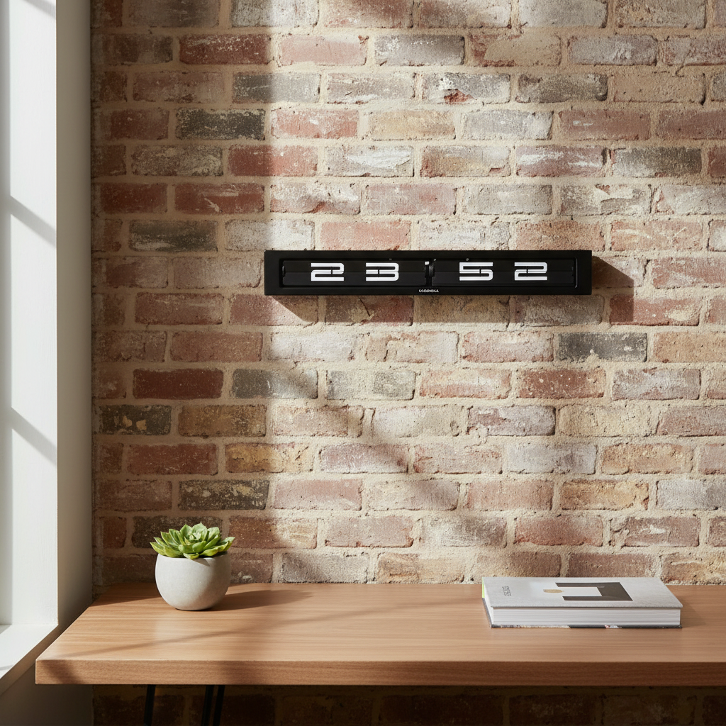 Timeline Military Time Flip Clock mounted on exposed brick wall above wooden desk with plant and books, Dutch Design functional style.