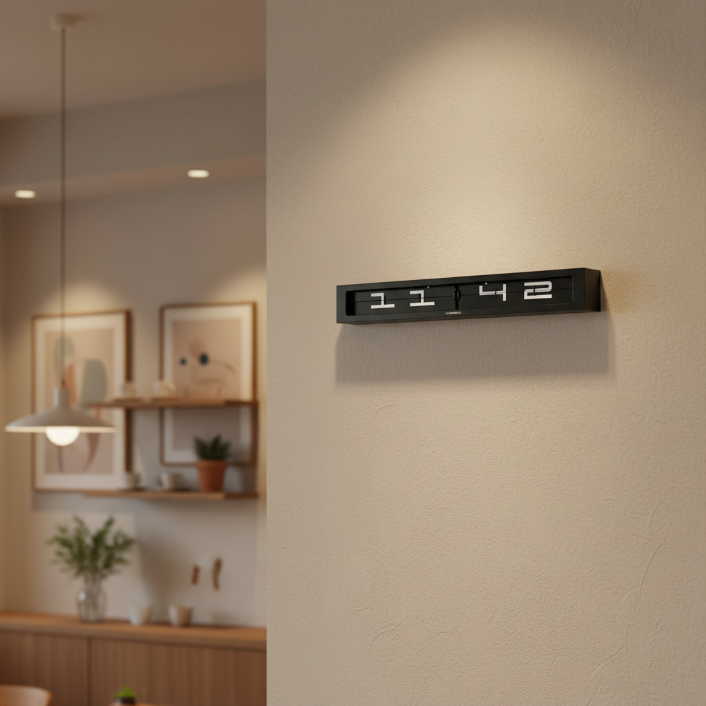 Timeline Military Time Flip Clock mounted on wall in minimalist room with Dutch Design and Functional Design elements