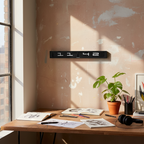 Timeline Military Time Flip Clock mounted on wall above desk with sketches, plant, and headphones in natural light, Dutch Design Functional Design