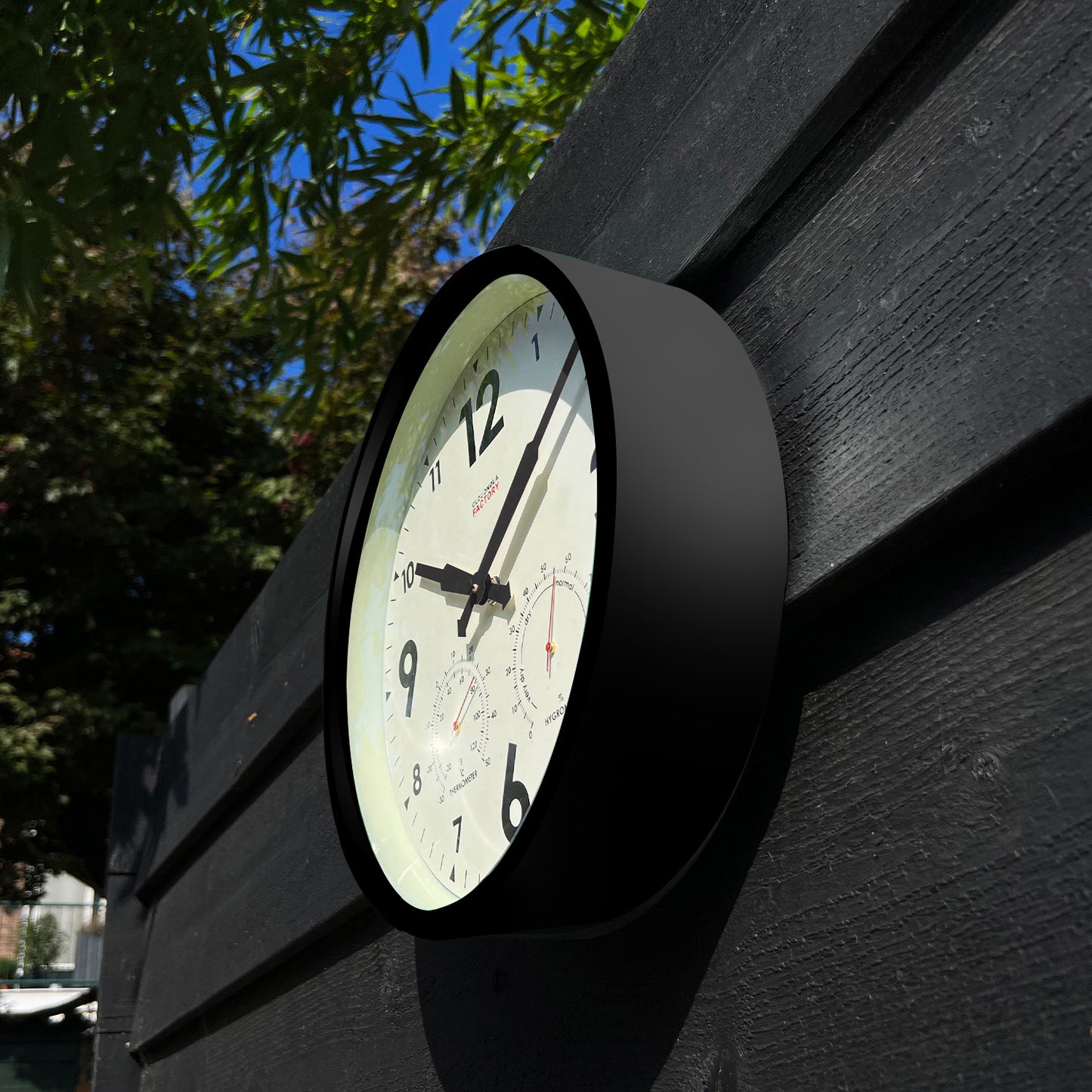 Factory Outdoor Black Wall Clock & Weather Station