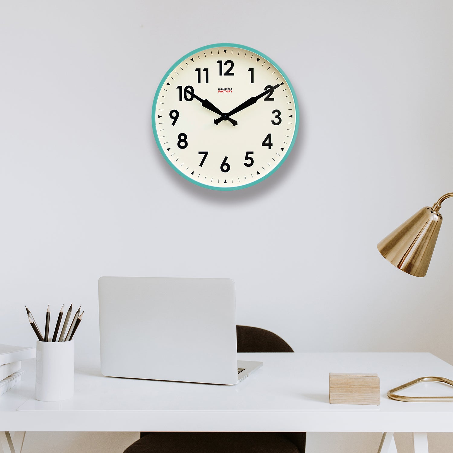 Cloudnola Factory XL Turquoise Wall Clock Statement Timepieces For   CloudnolaSKU0190FactoryTurquoiseNumbers45x10cm 4Mood2 